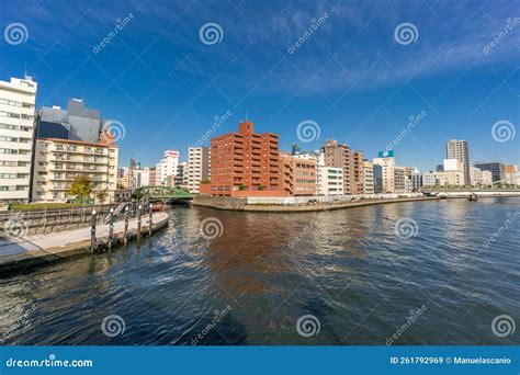 Wide Angle View Of Sumida River Sumidagawa From Ryogoku Bridge