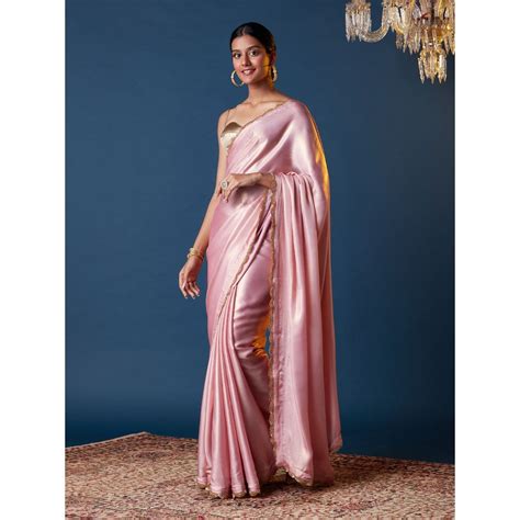 Buy Gajra Gang Chand Sitara Peach Sequence Scallop Bordered Saree