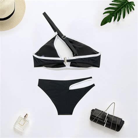 Sexy Contrast Binding Cutout One Shoulder Brazilian Two Piece Bikini S