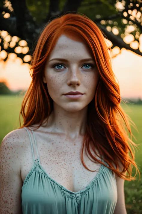 A Portrait Of A 30 Year Old Redhead A Few Freckles In A Nightie Leaning Against A Tree In The