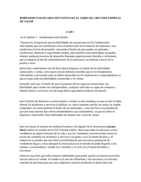 Borrador Ensayo Argumentativo De El Libro De Creando Empreas De Valor Autoguardado Borrador