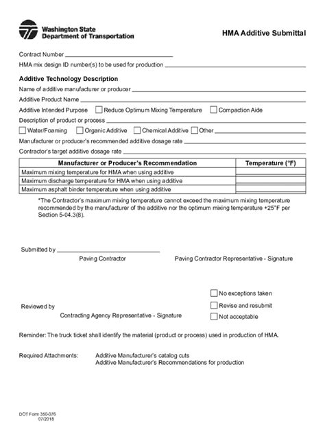 Fillable Online Wsdot Wa DOT Form 350 076 HMA Additive Submittal Fax