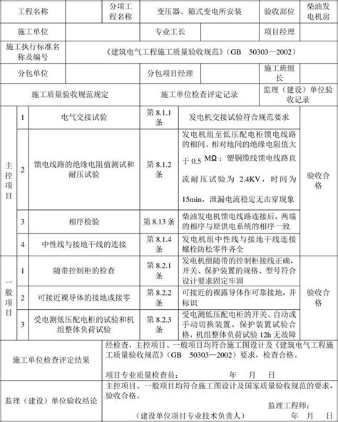 柴油发电机组安装检验批质量验收记录表word文档免费下载文档大全