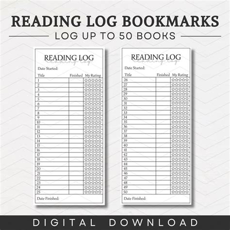 Printable Bookmark Reading Log Reading Tracker Reading Journal Reading