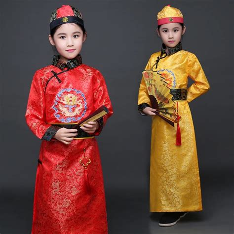 children The Qing Dynasty Costume Boy Child Chinese Hanfu with Hat Embroidered Dragon Chinese ...