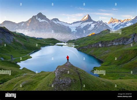 aerial view   person admiring  bachalpsee lake   summer
