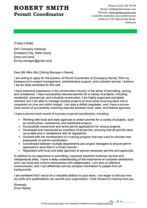 Permit Coordinator Cover Letter Examples Qwikresume