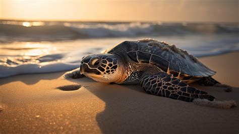 Premium AI Image | Common sea turtle on the beach turtle eggs ocean sunrise