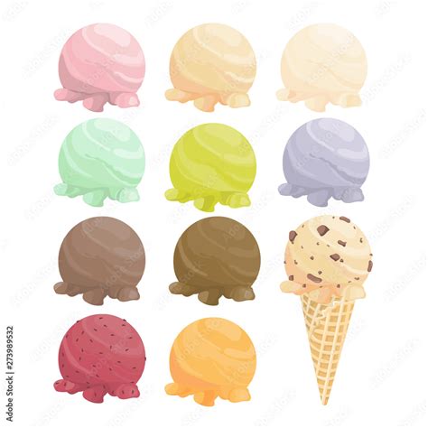 Set Of Cartoon Icons Ice Cream Scoops And Waffle Cone Different