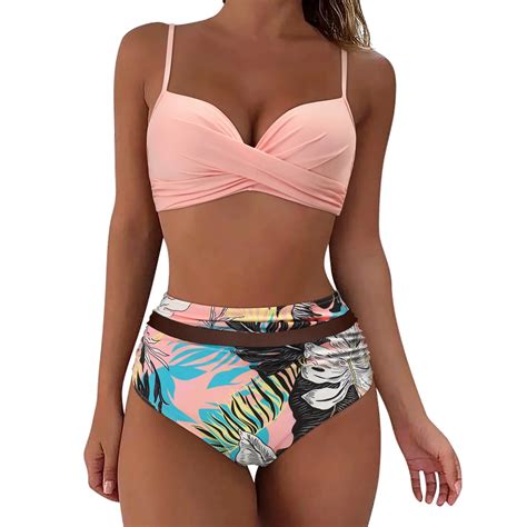 Two Pieces Sexy Leaf Print Bikini Vintage Ruched High Waist Swimsuits