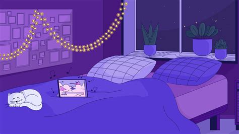 Cozy bedroom with sleeping cat cartoon animation. Bed night, lo fi ...