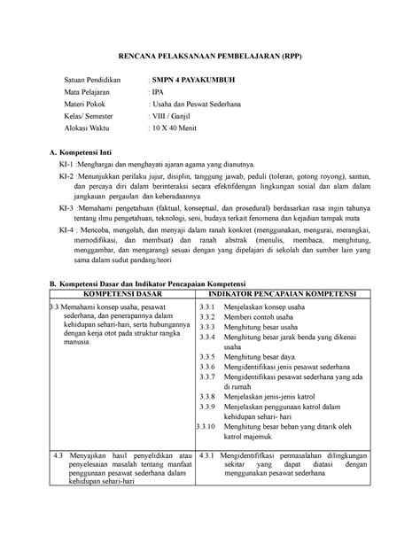 Rpp Usaha Dan Pesawat Sederhana Rencana Pelaksanaan Pembelajaran