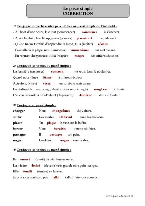 Pass Simple Cm Exercices Corrig S Conjugaison Fran Ais