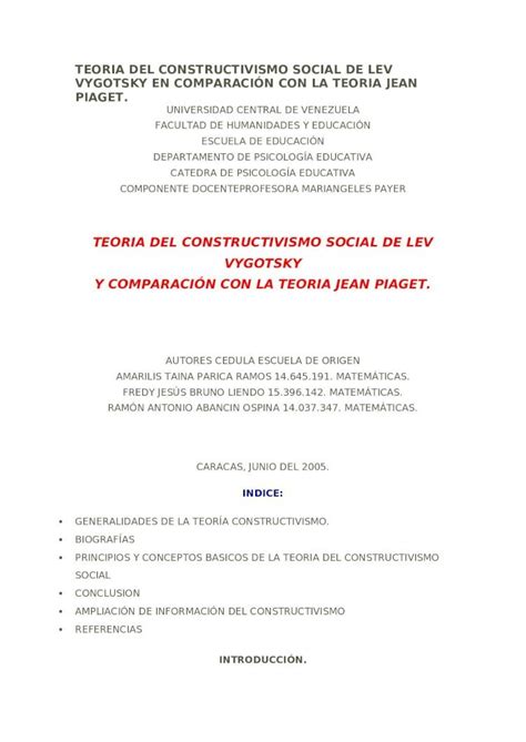 DOCX TEORIA DEL CONSTRUCTIVISMO SOCIAL DE LEV VYGOTSKY EN COMPARACIÓN