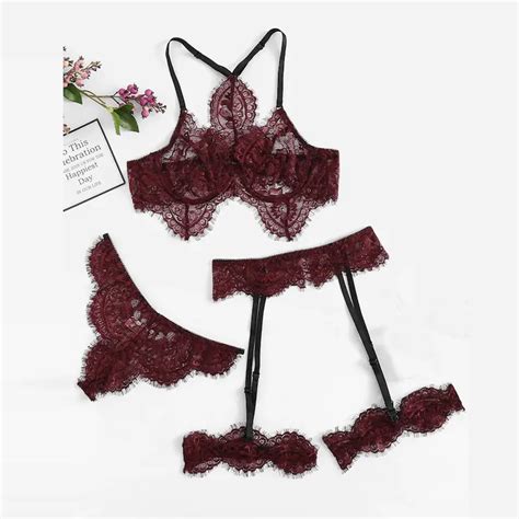 Womens Wine Lace Cutout Sexy Perspective Three Piece Set Nuisette