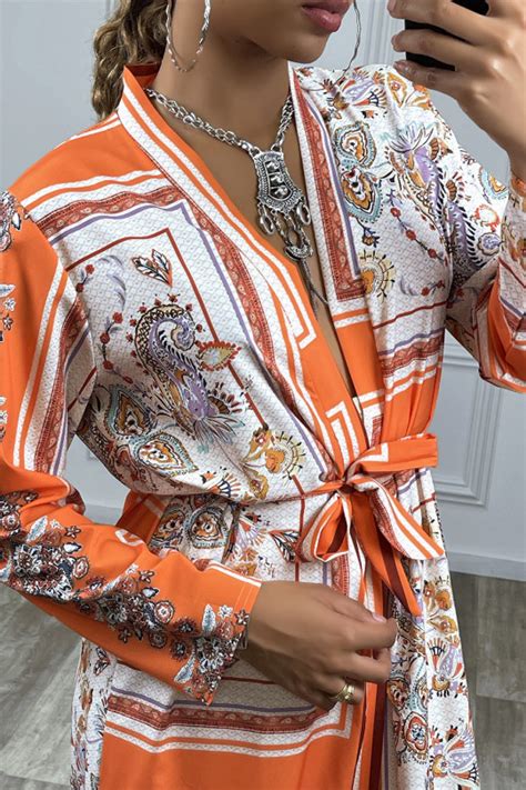 Ensemble Orange Pantalon Et Long Kimono Motif