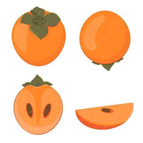 Premium Vector Set With A Half A Slice And A Whole Persimmon Cartoon