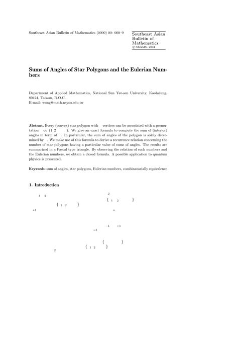 Sums Of Angles Of Star Polygons And The Eulerian Numbers Docslib