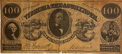 1862 100 ONE HUNDRED DOLLARS VIRGINIA TREASURY NOTE RICHMOND VA