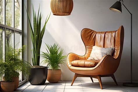 Boho Chic Oasis Brown Leather Mid Century Wing Chair Potted