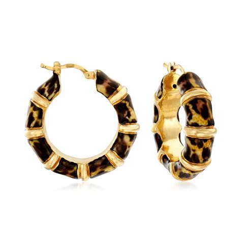 Italian Leopard Print Enamel Bamboo Style Hoop Earrings In Kt Gold