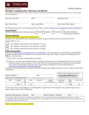 Fillable Online Tamhsc Monthly Communication Allowance Enrollment Fax