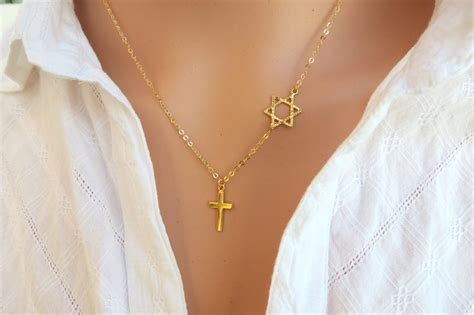 Star of David With Cross Necklace, Cross With David Star Necklace, Gold ...