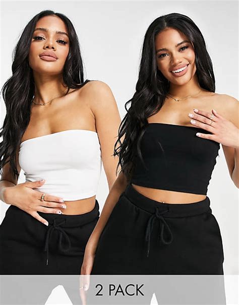 Asos Design Set Van 2 Ultieme Bandeau Crop Tops Van Katoen In Zwart