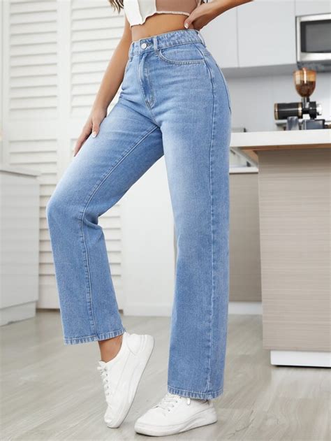 Shein Essnce Jeans De Pierna Recta De Talle Alto Moda De Mujer