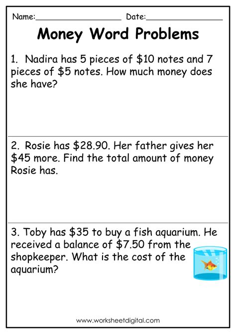 Money Word Problems Grade 2 Worksheet Digital Worksheets Library