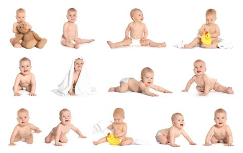 Collage Photos Cute Little Baby Crawling White Background Banner Design ...