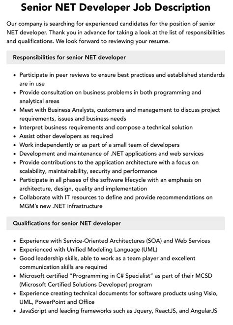 Senior Net Developer Job Description Velvet Jobs