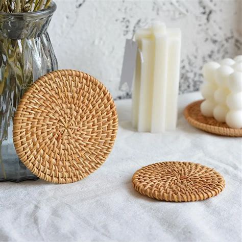 Pc Round Natural Rattan Insulation Kitchen Woven Holder Drink Coaster