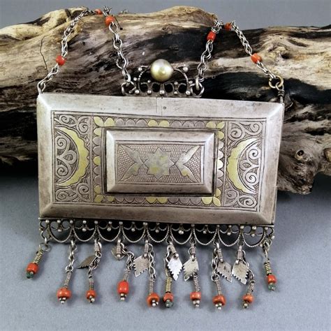 Silver Coral And Gilt Silver Uzbekistan Amulet Necklace Antique