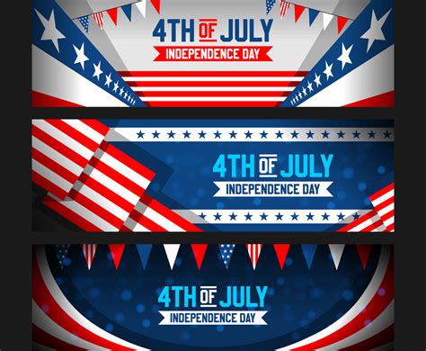 4th Of July Banner Set With Realistic American Flag Vector Art ...