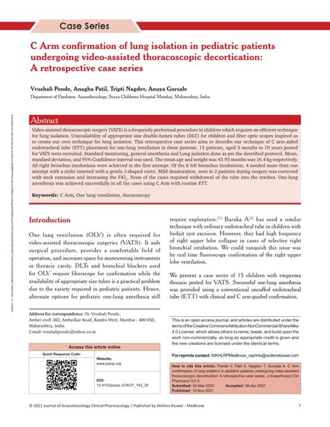 PDF C Arm Confirmation Of Lung Isolation In Paediatric Patients