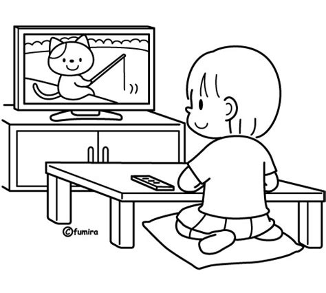 テレビを見る女の子のイラスト（ぬりえ） 子供と動物のイラスト屋さん わたなべふみ