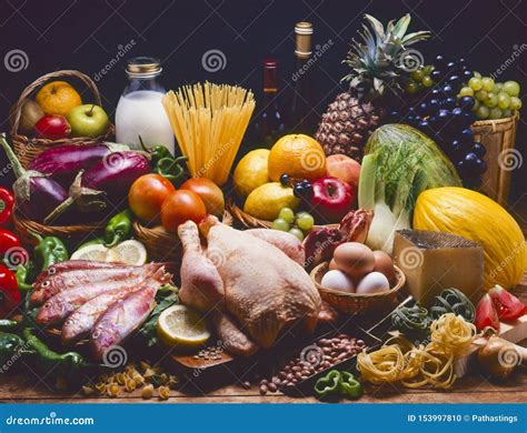 Assortment Of Foods On Wooden Table Stock Photo Image Of Pasta