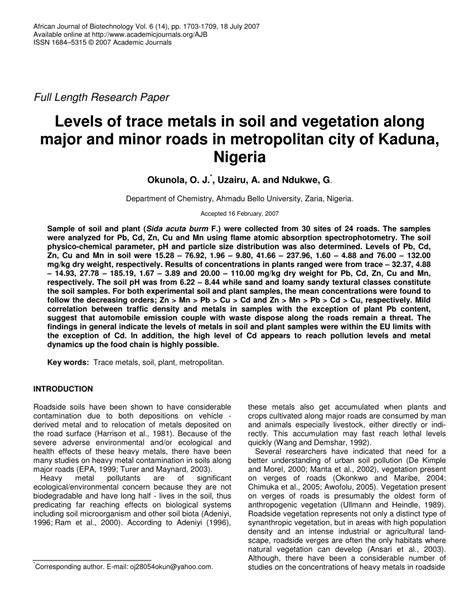 (PDF) Levels of trace metals in soil and vegetation along major and ...