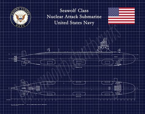 Seawolf Class Submarine Blueprint, USS Seawolf Submarine Poster, Seawolf Class Nuclear Submarine ...