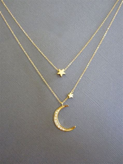 Star And Crescent Moon Necklace Layered Necklace Gold By Muse411