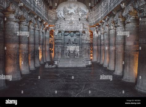 AJANTA, INDIA - 15 JANUARY 2015: Chaitya Griha or prayer hall at Ajanta Caves in cave 29. Post ...