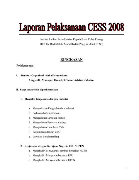 Laporan Pelaksanaan Unit Cess Ilp Kepala Batas Pulau Pinang Pdf