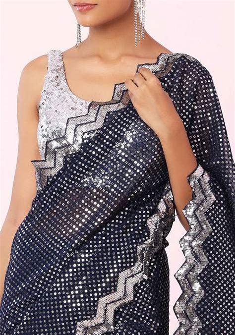 Buy Women Navy Blue Tonal Silver Sequin Embroidered Saree With Blouse