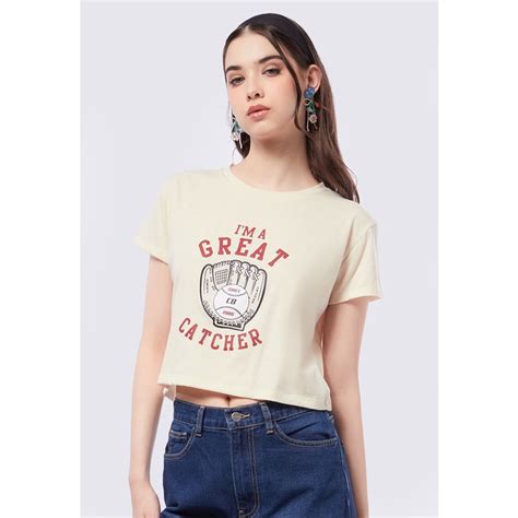 Jual COLORBOX Short Sleeve Graphic Crop T Shirt Ecru Shopee Indonesia