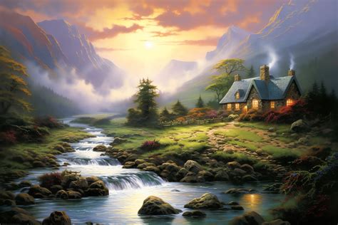 Exquisite Thomas Kinkade Inspired Custom Canvas Cottage Scene Artwork ...