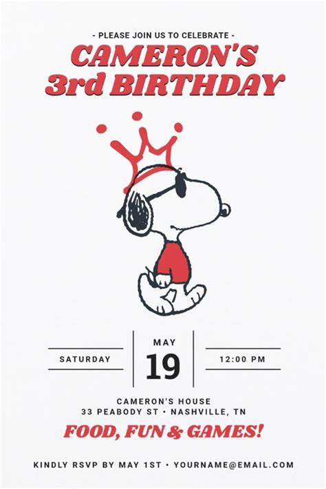 Peanuts Joe Cool Birthday Invitation Zazzle Snoopy Birthday