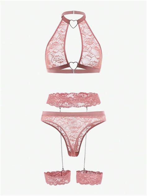 Pack Floral Lace Heart Ring Linked Lingerie Set Shein Usa