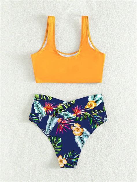 Tropical Print Ruched Bikini Swimsuit Shein Usa