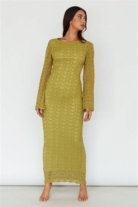 Shop The Hyland Open Back Crochet Maxi Dress Olive Selfie Leslie